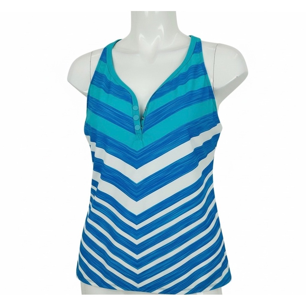 Beach House Blue‎ Crush Chevron Tankini Top Womens 16 Racerback Snap V-Neckk